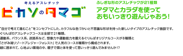 アタマとカラダを使っておもいっきり遊んじゃおう！フシギなカタチのアトラクションが全21種類！"自分で考えて進むこと"をコンセプトにした、カラフルな色づかいと不思議な形状を持った新しいタイプのアスレチック施設です。アイテムは全部で２１種類。運動系、バランス系、迷路系など、想像力や運動能力を鍛えることが出来ます。緑に囲まれて、心地よい環境の中、親子で頭と体を使って思いっきり遊んでみませんか！？